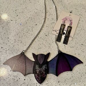 2 for 1- Bat faux stained glass window hanger + handmade skull dangle earrings